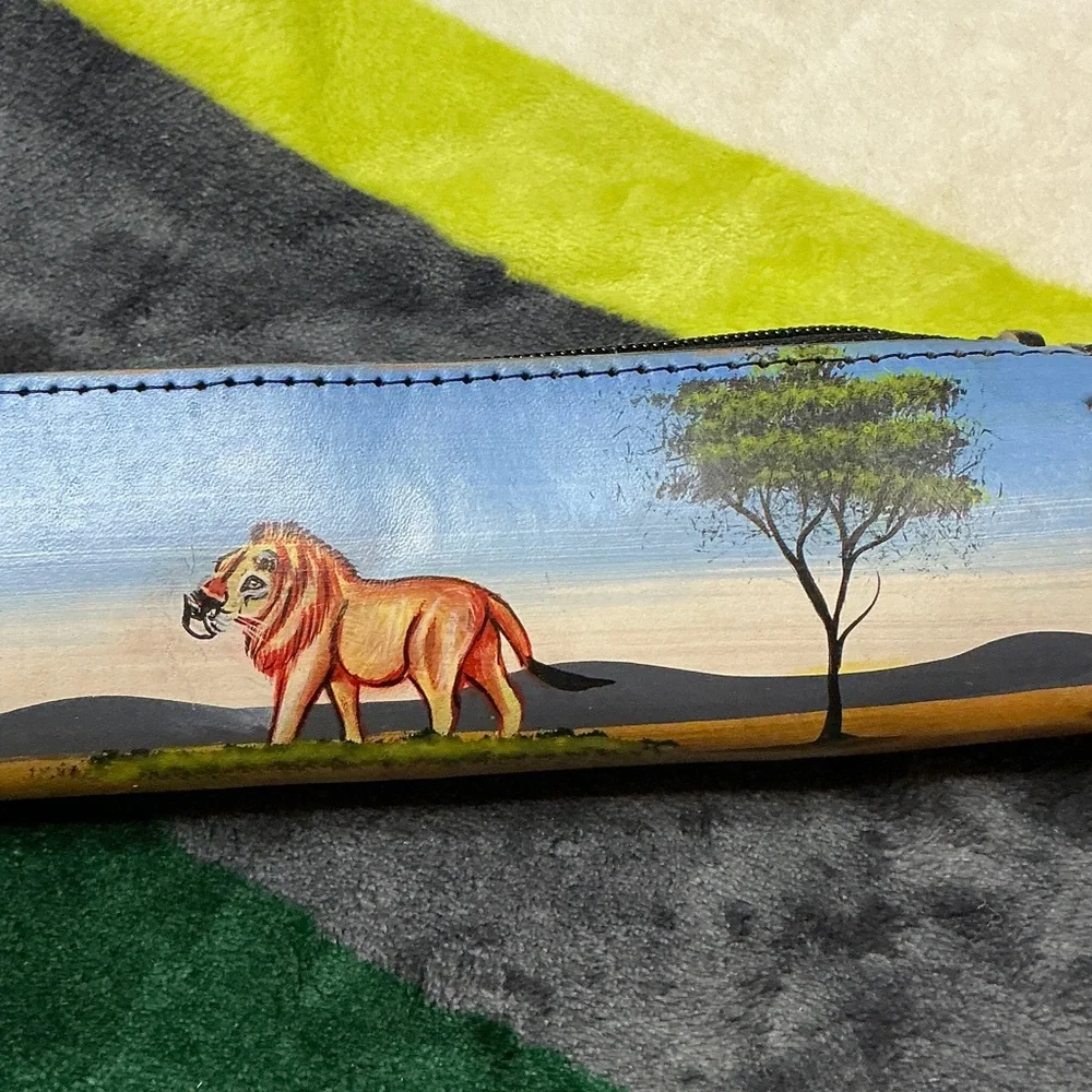 Leather Pencil Case with Lion Design